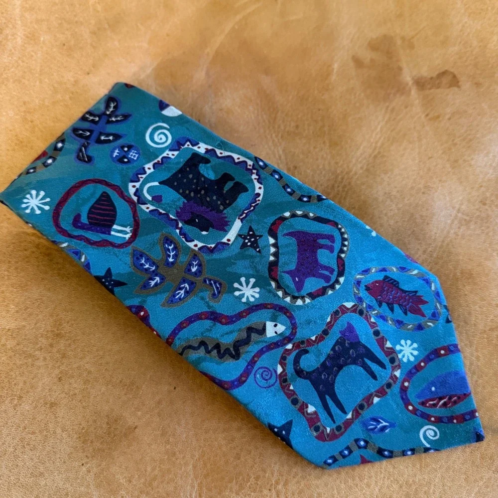 Seigo New York Silk Tie Mens OS Teal Animal Print Whimsical Art Deco Japan 13